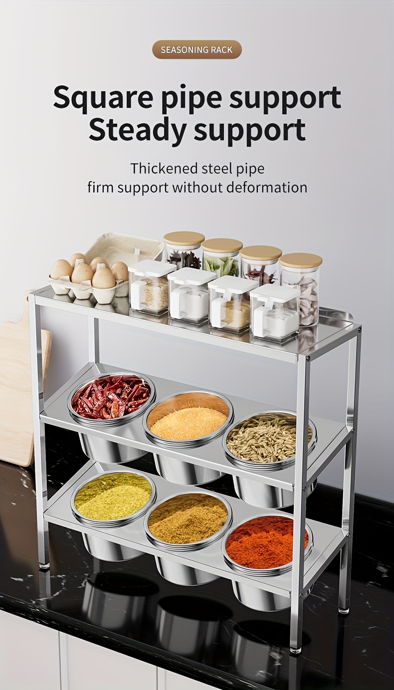 1pc stainless steel 3 tier spice rack organizer with 16 round cylindrical jars wall mountable countertop bracket shelf dust moisture proof square pipebracket unfinished finish commercial grade details 10