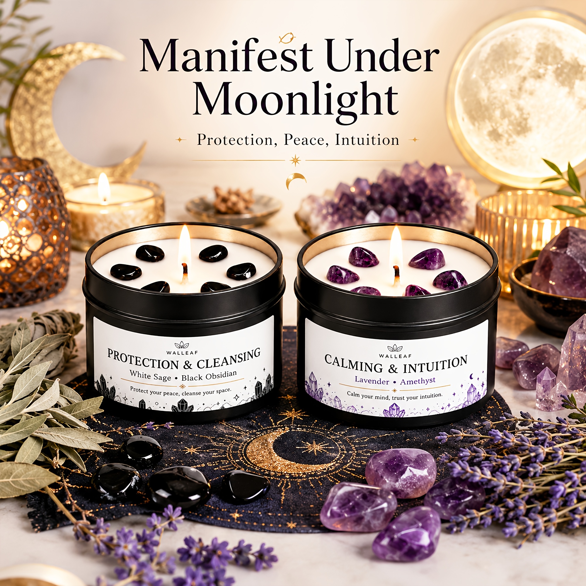 TEMU Walleaf Crystal Style Scented Candle, And Lavender Fragrance, Obsidian And Amethyst , Home Fragrance Decorative Candle, Bedroom And Living Room