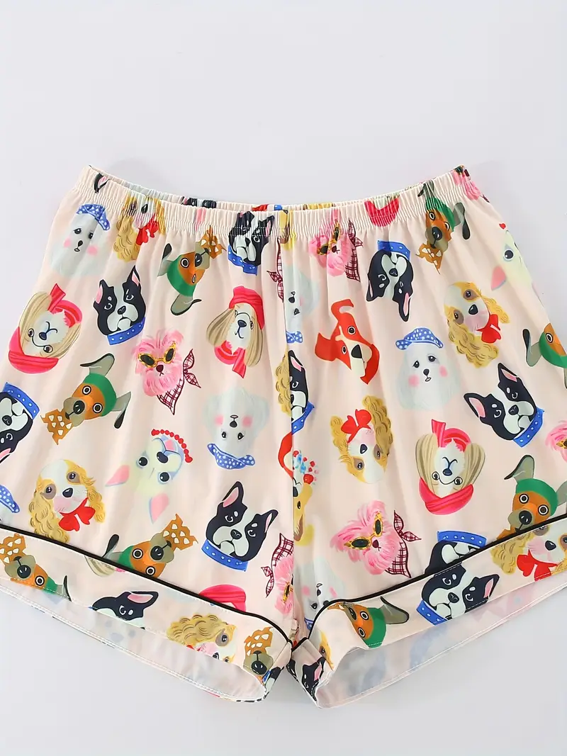 womens pajama set three pieces cute cartoon animal cute puppy casual collar top with drawstring waist shorts and trousers summer wear button pocket details comfortable knit fabric adult Product details 7