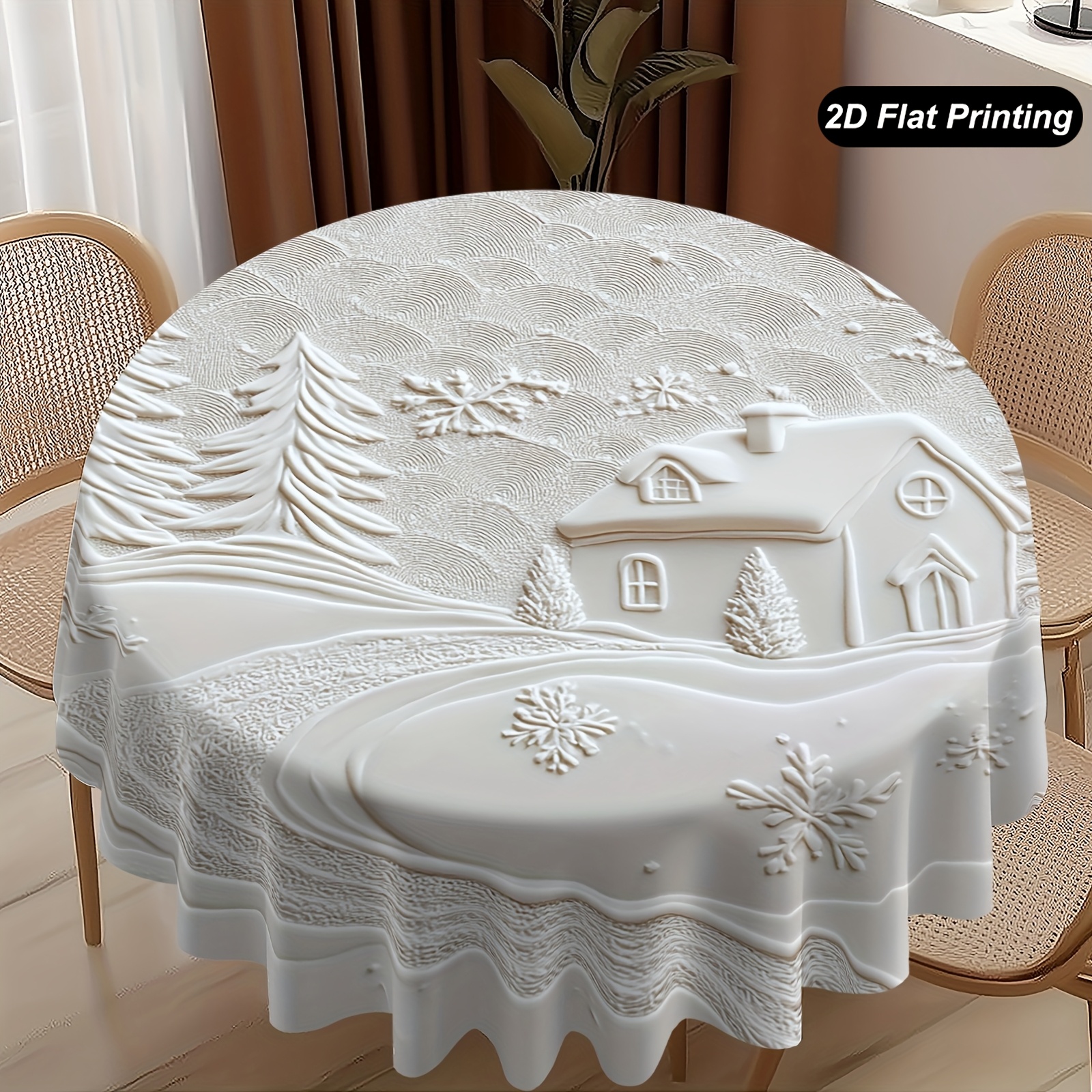 TEMU 1pc 2d Flat Printing A Round Tablecloth For Christmas Decoration, Featuring A Design With Snow-covered Cottages, Pine Trees, Snowflakes, And