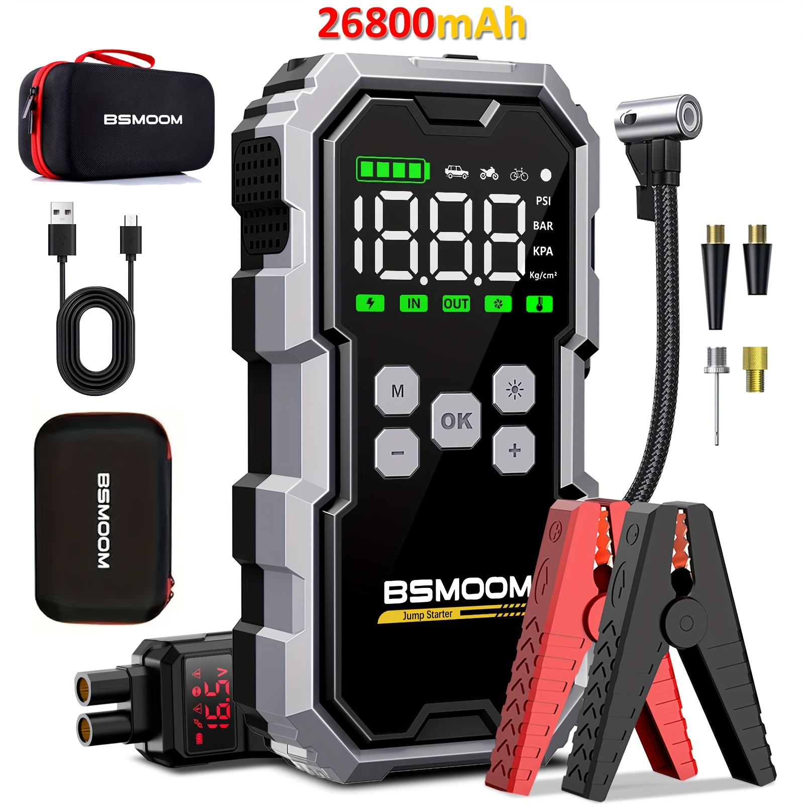 item picture Car Jump Starter With Air Compressor Cordless Tire Inflator, 8000A Battery Booster With Power Bank & LED Flashlights, 12V Auto Jumper Box For All Gas Or 10.0L Diesel Vehicles With Portable Carry Case, Smart Cables With Voltage Display