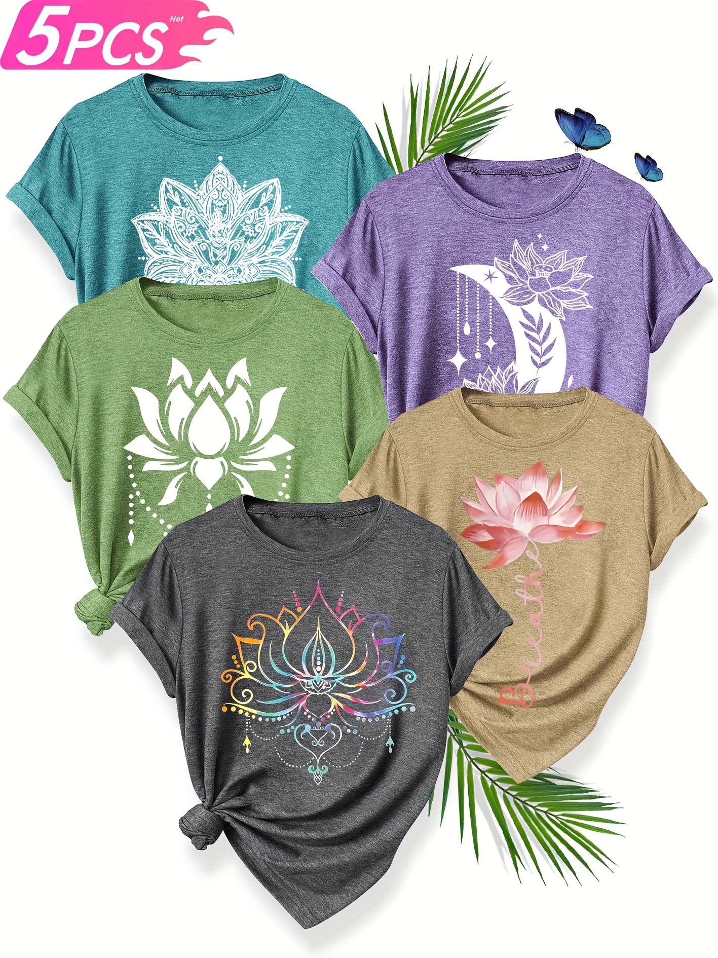 5pcs womens floral print t shirts casual crew neck short sleeve medium stretch vibrant colors s xxl   spring summer Product details 0