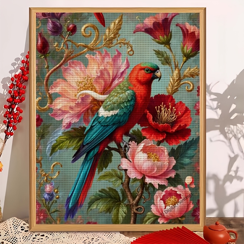 TEMU A New Set Of Frameless Cross- Printed Kits Featuring The "colorful Parrot And " Design. This Home Decor Art Handcraft Embroidery Set Includes