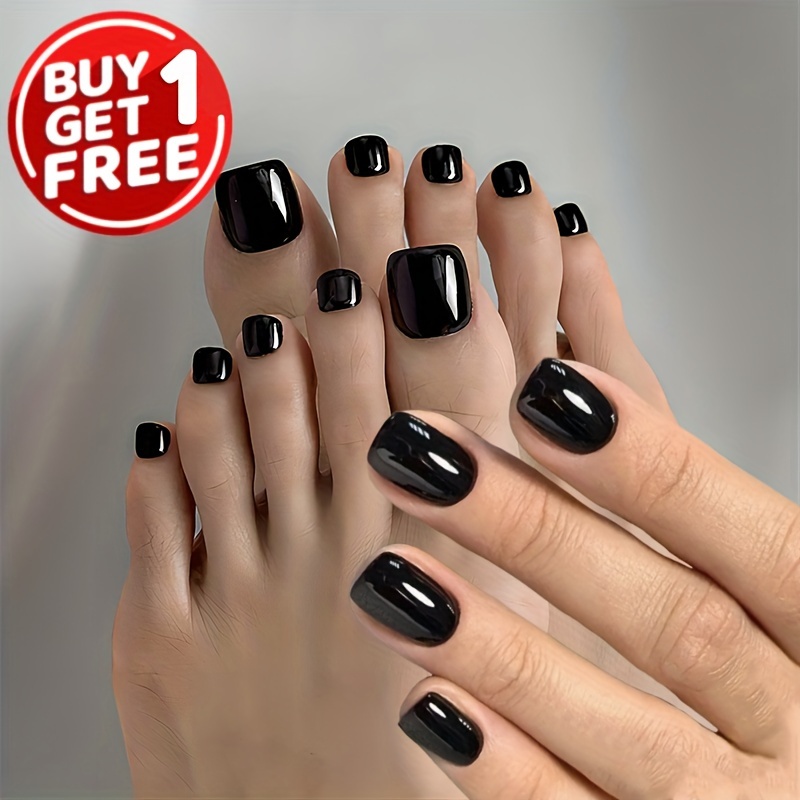 

Black Square Press-on Nails Set For Women & Girls - 48pcs Glossy Pure Color Full Coverage Fake Nail Tips With Short Length - 2 Packs Combo Deal For Fingernails And Toenails