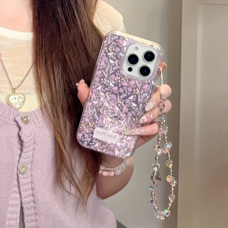 TEMU Phone Case: Perforated Vortex Shell Double-layer Purple Full Screen Small Flower Phone Case With Chain For Iphone 11 12 13