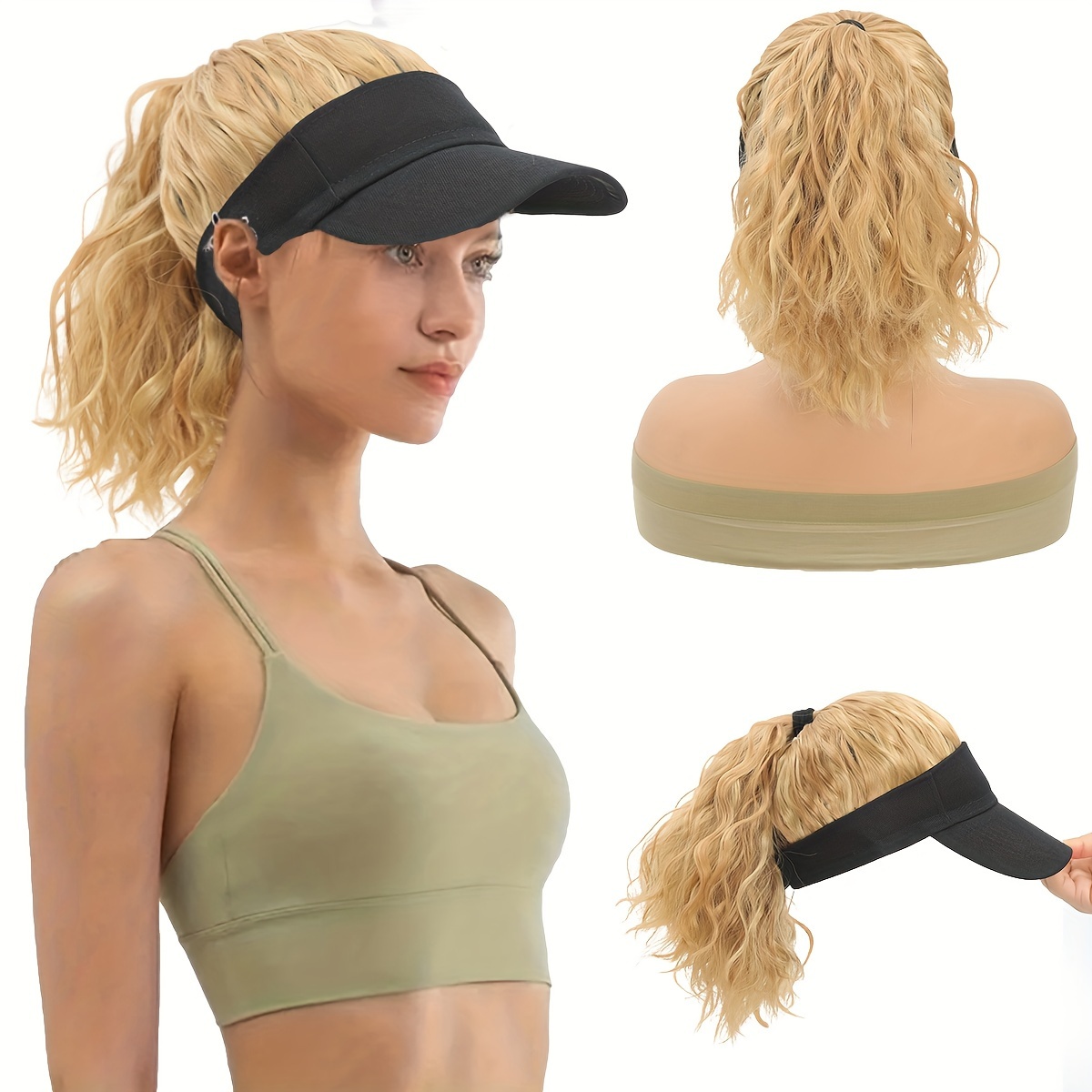 

Stylish Adjustable Baseball Cap Wig With Curly Ponytail - Sporty Synthetic Hair For Women, Fits All Hair Types, Hat, Extensions