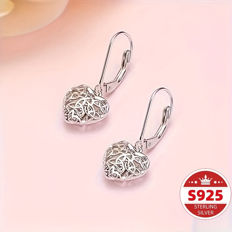 TEMU S925 Sterling Silver Hollow Heart-shaped Hoop Earrings - Exquisite For Ladies - , Banquets, Valentine's Day, Anniversaries, And Special Occasions