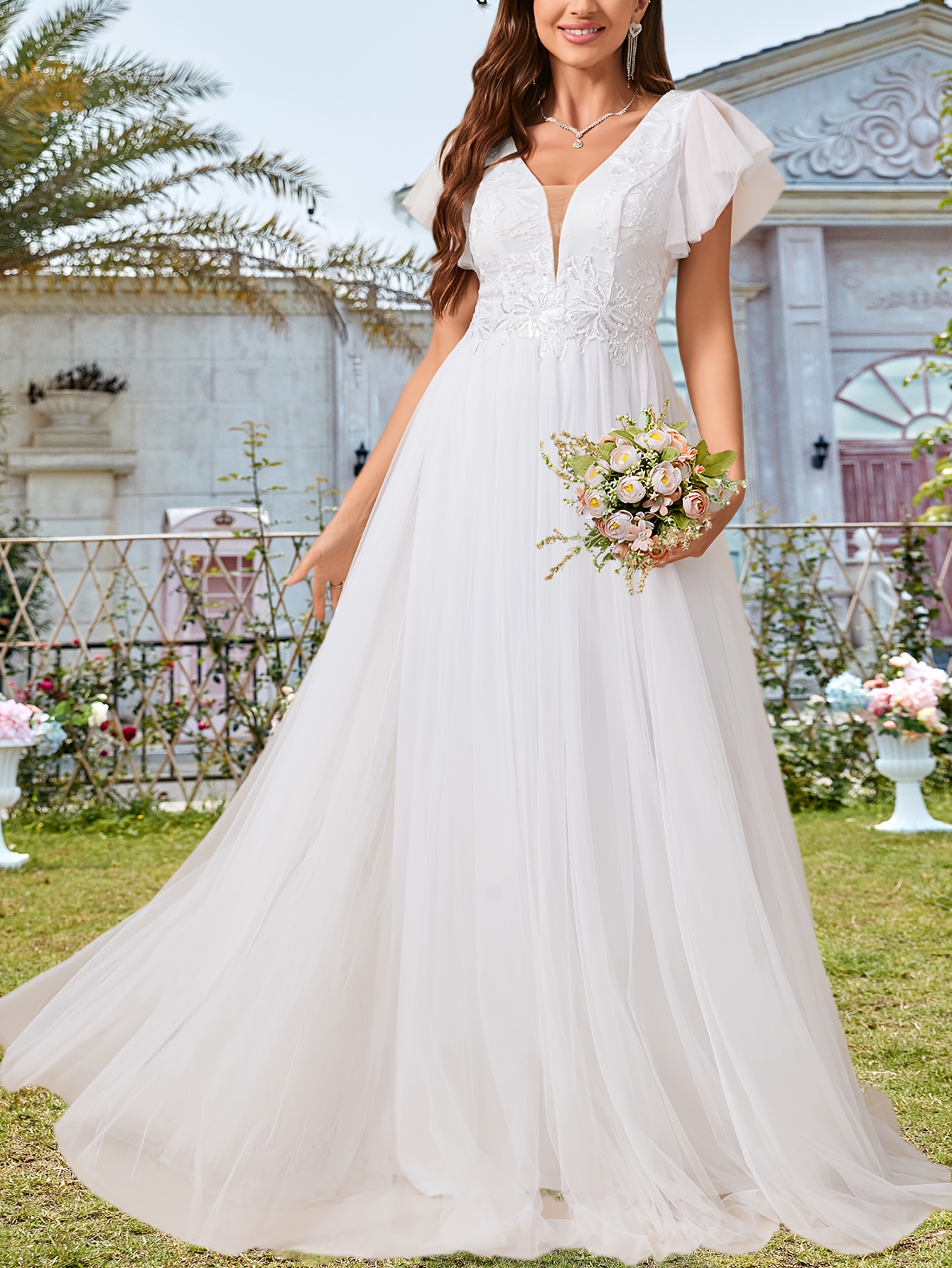 여성용 우아한 화이트 v넥 레이스 소매 자수 웨딩 드레스 플로우 트레인 결혼식 및 정장 행사용 핏팅 브라이덜 - Temu  Republic of Korea, image size:800x1066