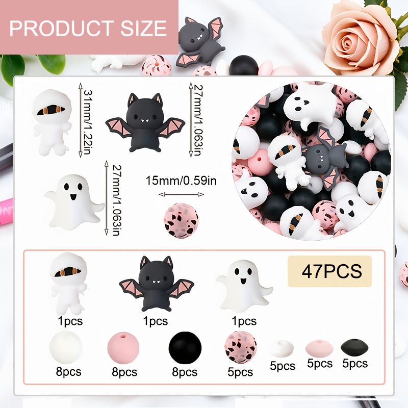 TEMU 47pcs Dark Series Silicone Bead Set, Halloween Element Handmade Craft Beads, For Bead Pens, Bracelets, Necklaces, Bag Embellishments And Decor,