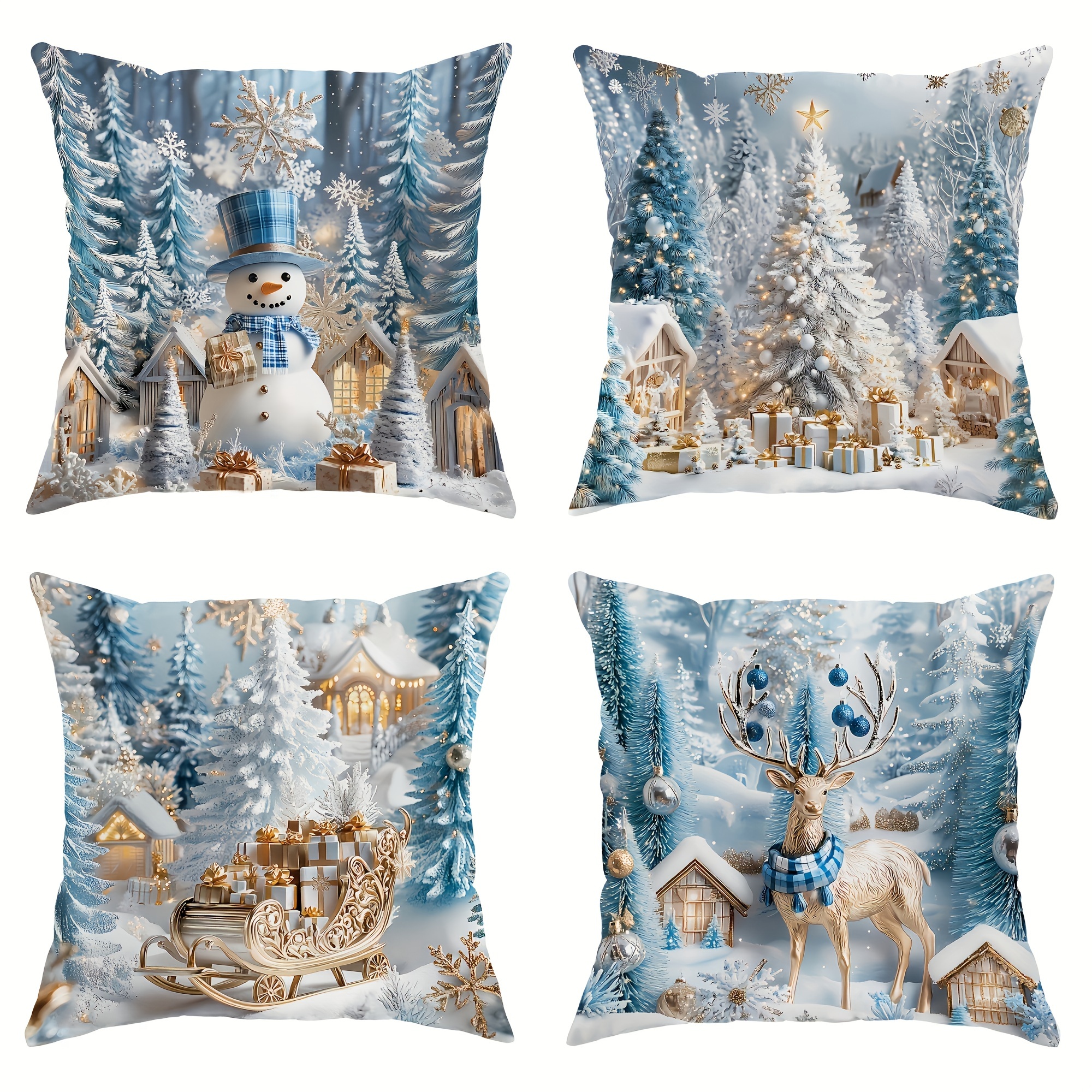 

4pcs Set Christmas Throw Pillow Covers - Snowman, Reindeer, Tree & Gift Designs - Machine Washable, 18x18 Inch With Zipper Closure - Home, Car, Bedroom, Sofa, Office Decor - Polyester, Stain-resistant