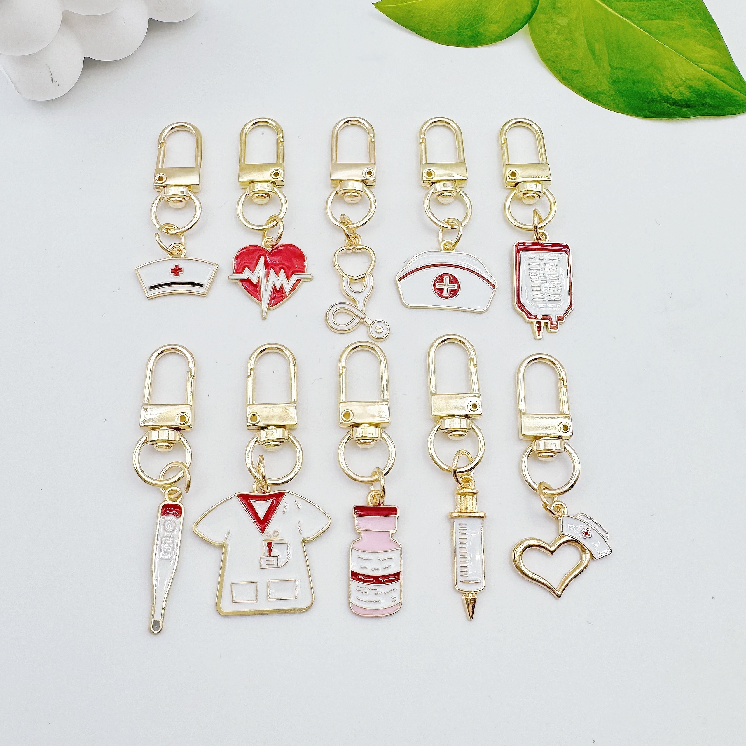 TEMU 10pcs Nurse Theme Alloy Keychain Set, Cartoon Medical Charms, Professional Decorative Key Rings, Round Ring Clasp, Rectangular Shape, Ideal For Day Gifts And Decorations