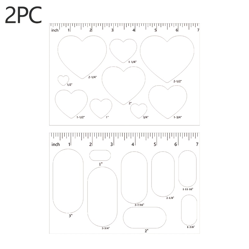 TEMU 2pcs Heart Oval Shape Template Ruler, Acrylic Drawing Stencil With Inch Scale, Heart And Oval Outline Template For Leather Craft, Sewing, Nail