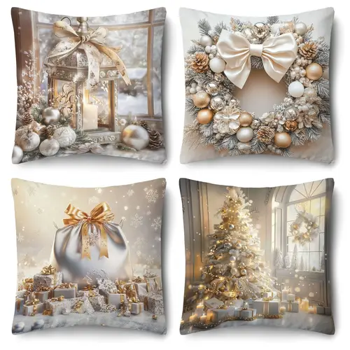 4pcs merry christmas throw pillow cover set short plush christmas tree and christmas ball decorative single sided printing zipper closure decorative sofa cushion cover holiday decoration pillow insert not included