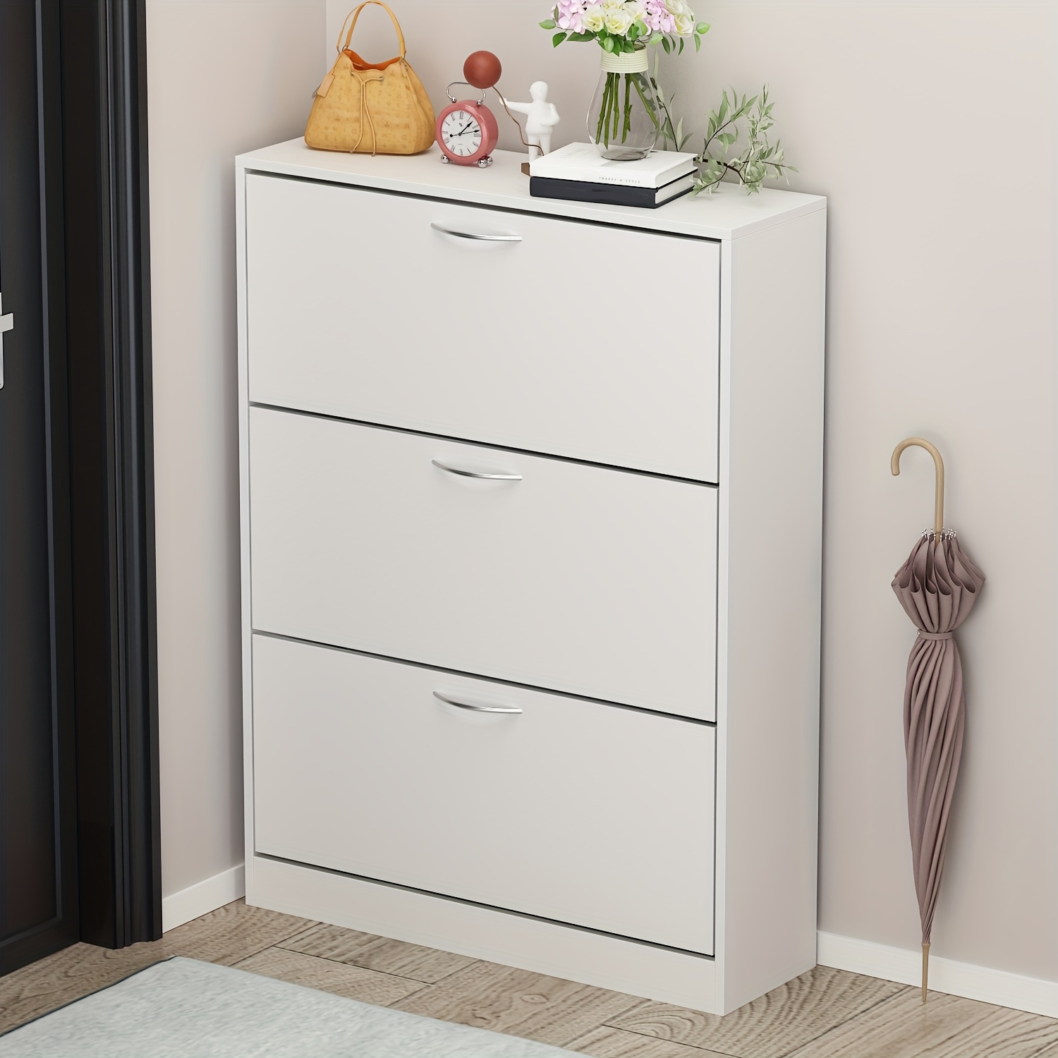 

Modern White Wooden Shoe Storage Cabinet With 3 Flip Drawers – Minimalist 3-tier Organizer For Entryway, Particle Board Construction, Space For Shoes & Decor, Easy Assembly