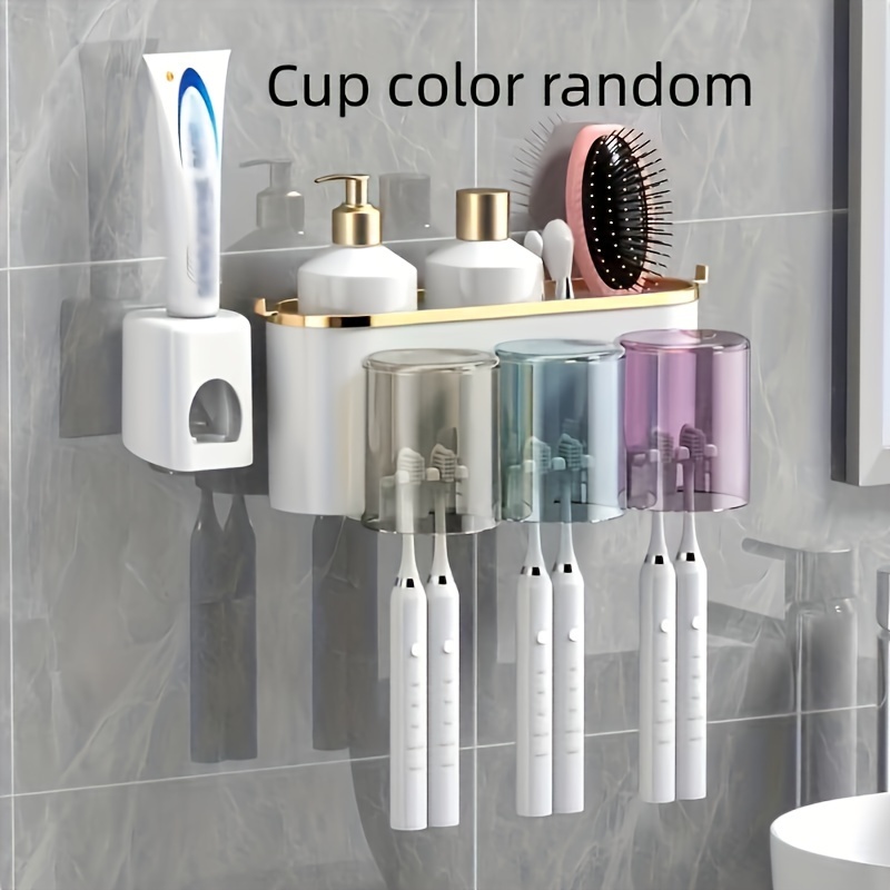 TEMU Gold-plated Toothbrush Set Cup - Wall Mount, No Installation, Bathroom Organizer For Toothpaste & Brushes, Christmas/halloween Decoration