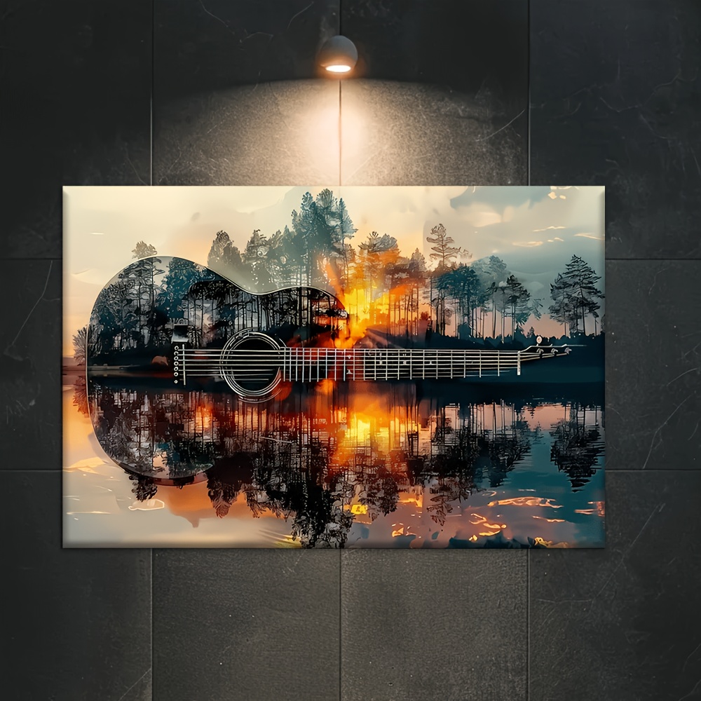 TEMU 1pc Frameless Canvas Art Print - 30x20 Inch, Sunset Guitar Forest Scene, Modern Wall Decor For Bedroom, Living Room, Office, Cafe, Bar, Dorm -