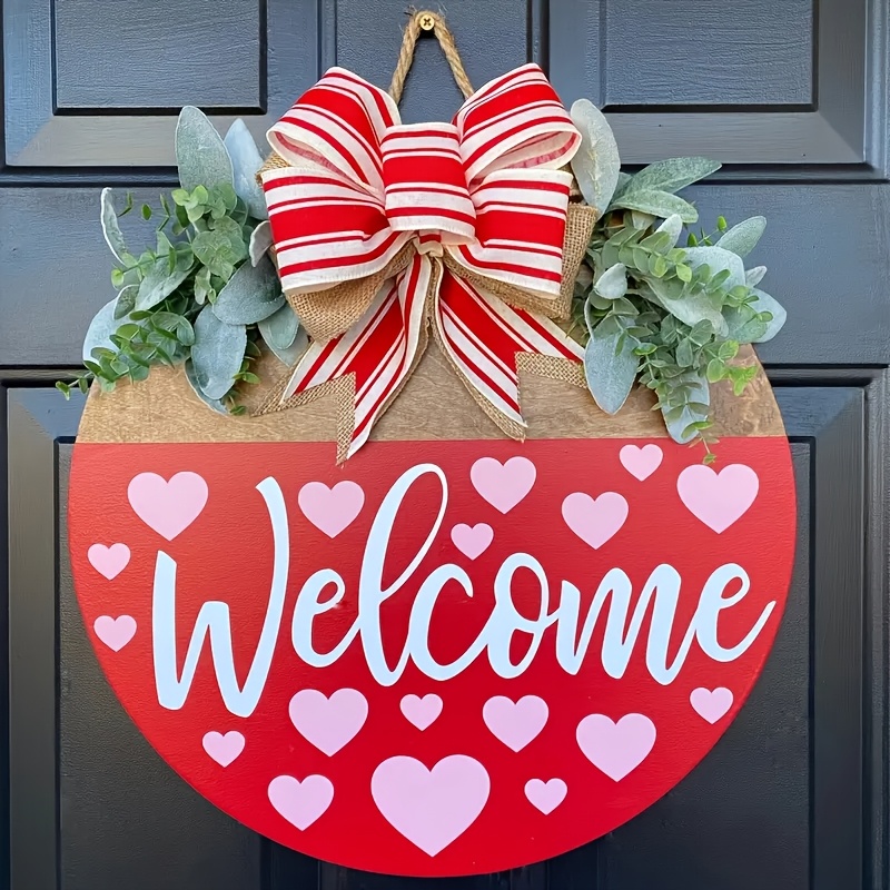 

1pc Style Valentine's Day Wooden Welcome Sign With Red And White Striped Bow - Heart-shaped Theme Wall Decor For Front Door And Porch - Multifunctional Decoration Without Electricity