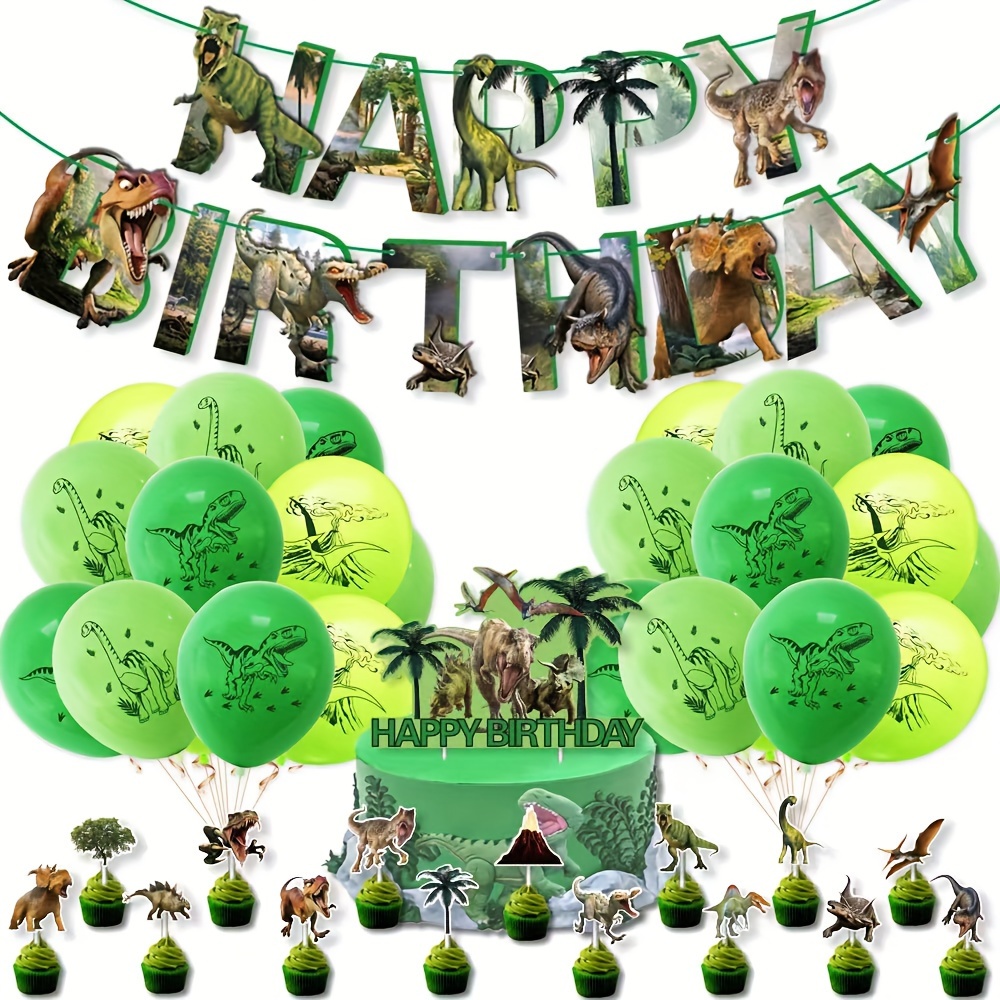 

Dinosaur-themed Birthday Party Decor Set - Green, Includes Banner, Cake Toppers & Room Accents