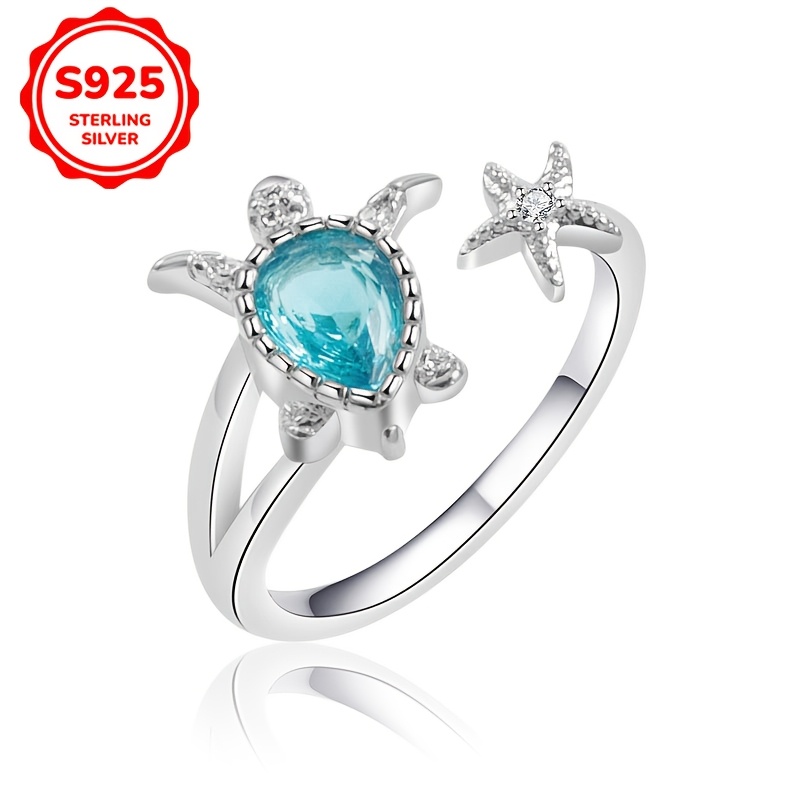 

Adorable Ocean-themed Ring With Blue Synthetic Zirconia Set In S925 Silver, Featuring A Turtle And A Starfish, A Summer Ocean Vibe, Weighing 2.6g/0.092oz.