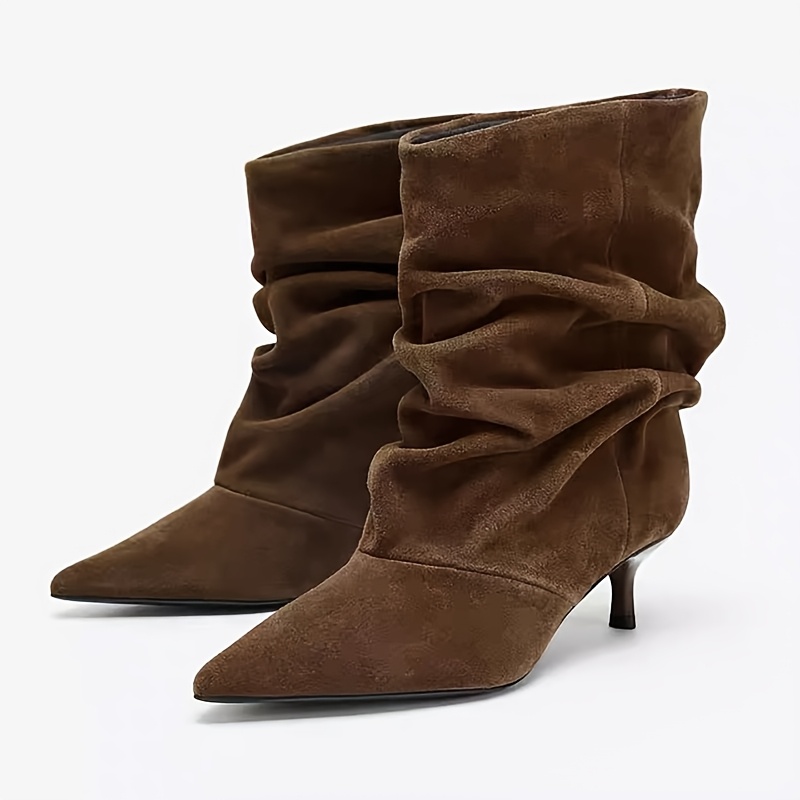 TEMU Botines cortos de estilo europeo/americano para mujer, de tela tipo estilo, punta puntiaguda y tacón de aguja, botas holgadas de moda plisadas,
