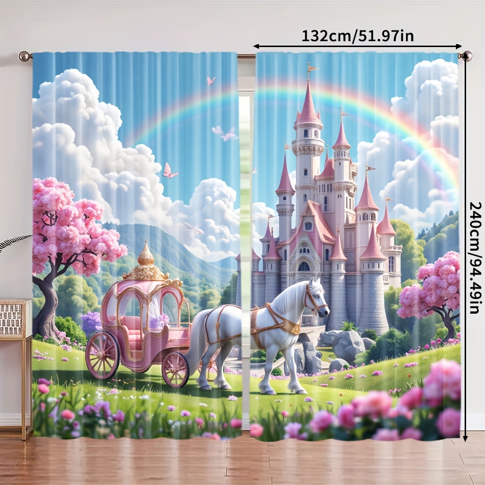 TEMU 2pcs, Princess Castle Sheer Curtains 2d Print Versatile Polyester Fabric Outdoor Decorations For Semi-transparent Privacy Drapes For Living Room