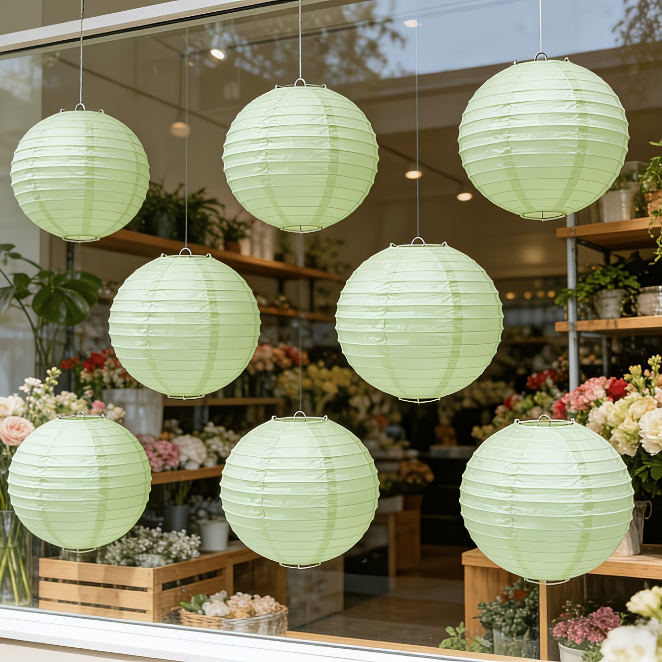 Image of Sage Green Paper Lanterns 8pcs Hanging Lanterns For Birthday Party, Wedding, Home Decor, Shower Festive Decoration