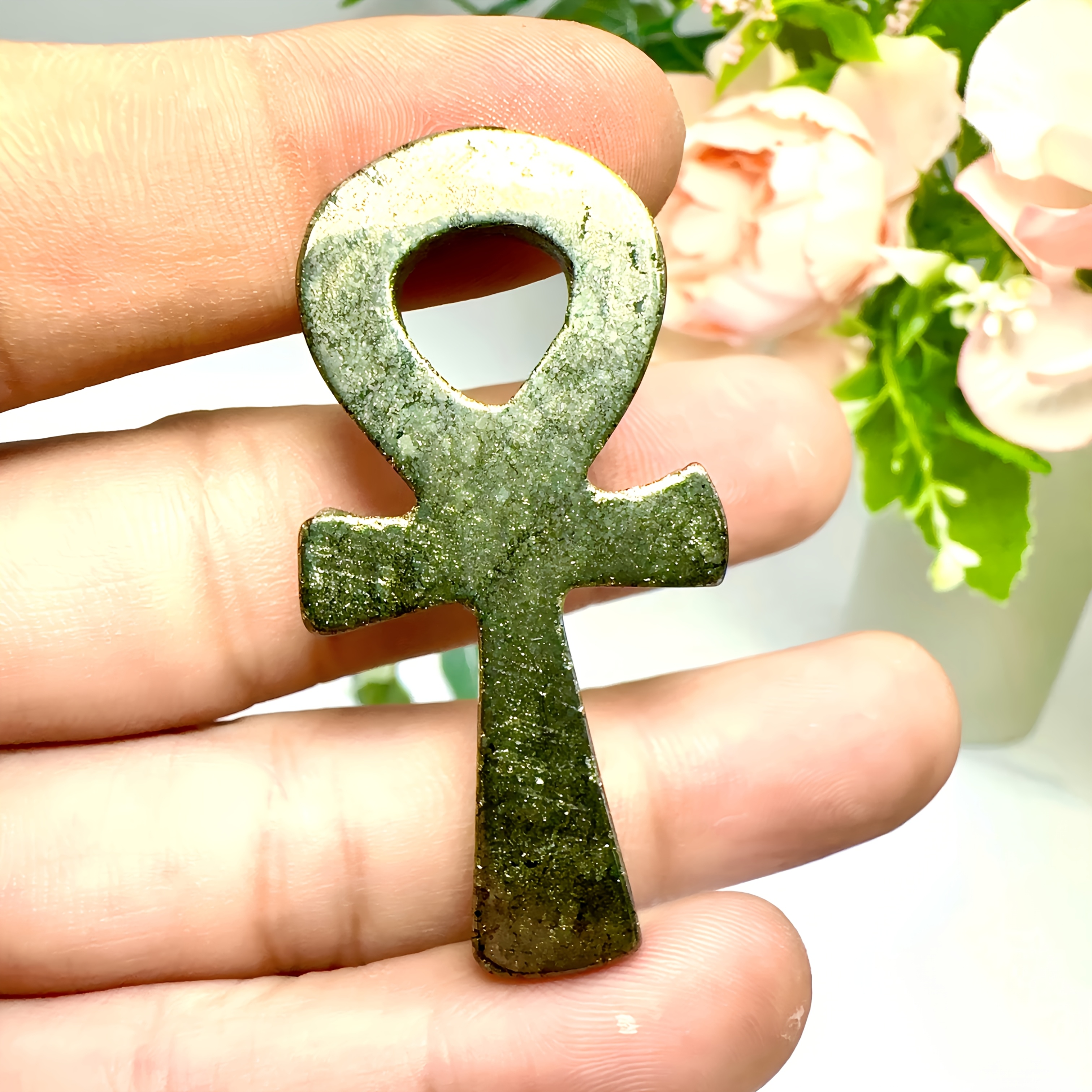 Natural Golden Pyrite Crystal Cross Ankh, 5 Cm