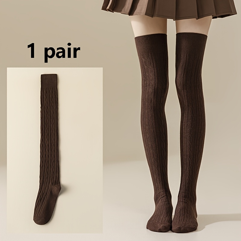 TEMU 1 Pair Of Women' Color Long Knee-high Socks With A Thick Cable Design For