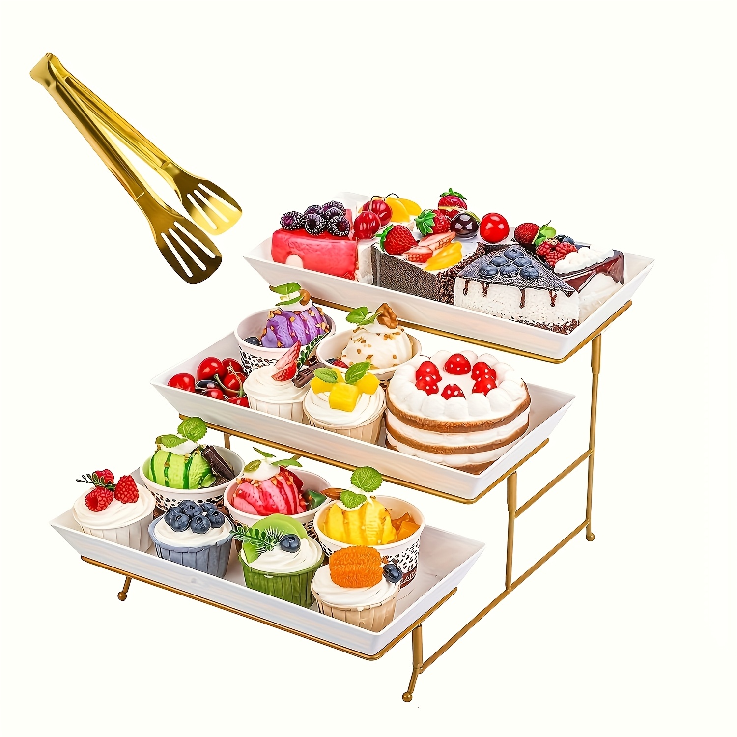 TEMU White Tiered Serving Stand + Tong, 3 Plastic Tray With Metal Stand For Cupcakes, Donuts, Fruits - Tiered Tray Stand For Tea Party, Party Food Display, Wedding Scene(golden)