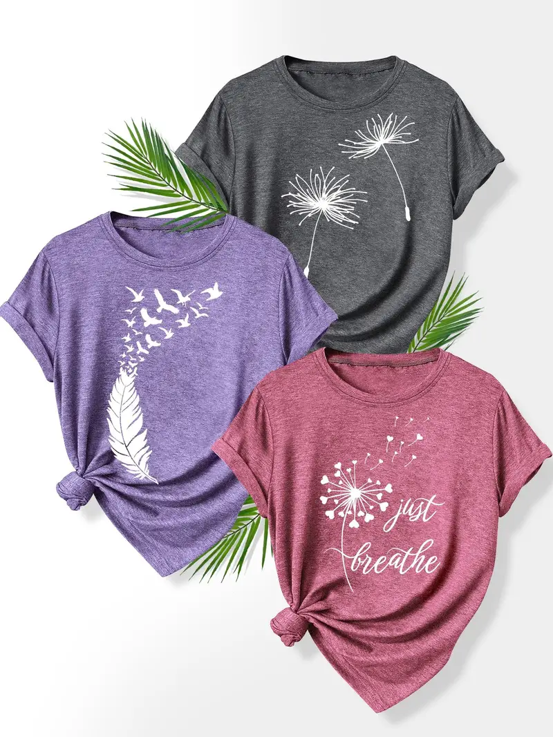 3pcs set floral print t shirts for women dandelion rose and casual summer short sleeve crew neck tees soft polyester blend sizes s xxl casual attire casual summer wear floral print stretchy fabric Product details 2