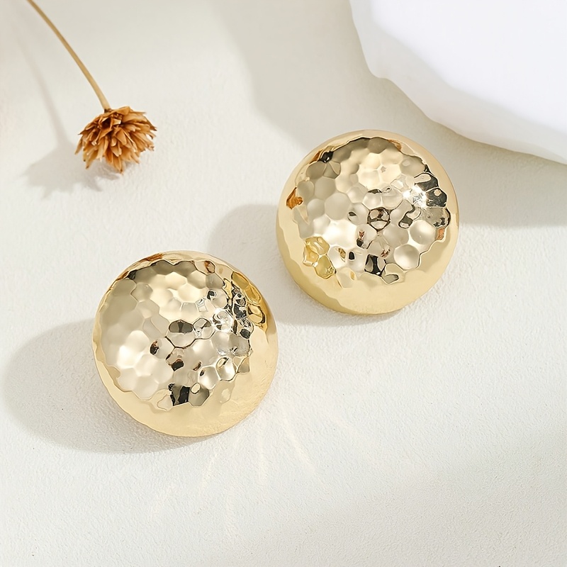Hammered Metal Half Sphere Stud Earrings Golden Textured Iron Material