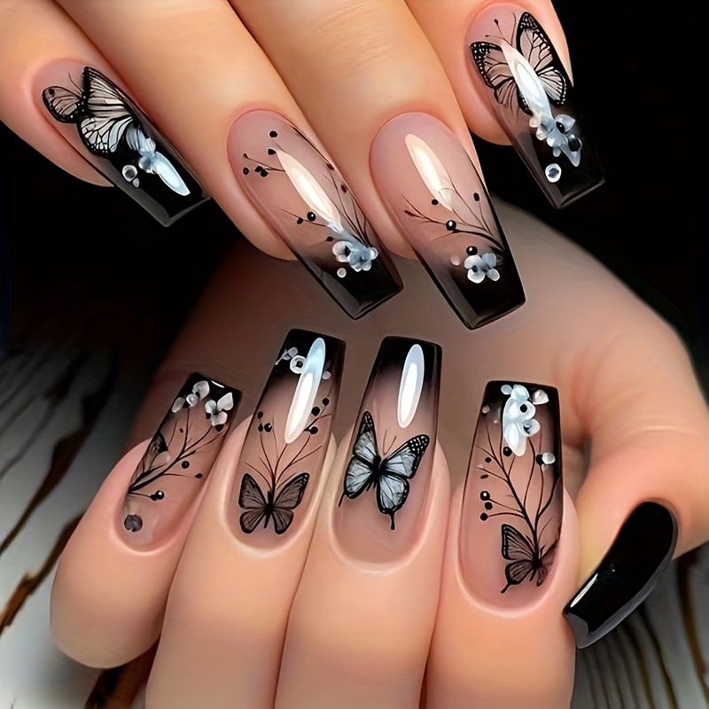 

24pcs Elegant Black & White Ballet Coffin Press-on Nails Set With Floral And Designs - , Long Wear Fake Nails For Fashion- Women, Ballet Press On Nails