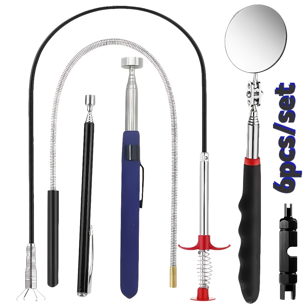 Image of 6pcs Set: French- Core Tool, Convenient Air Nozzle Extension Rod Removal And Repair Wrench, Telescopic Magnetic Pickup Tool Set - Heavy Duty 2 Lb Magnetic Tool With Blue 8 Lb Magnetic Tool And 4
