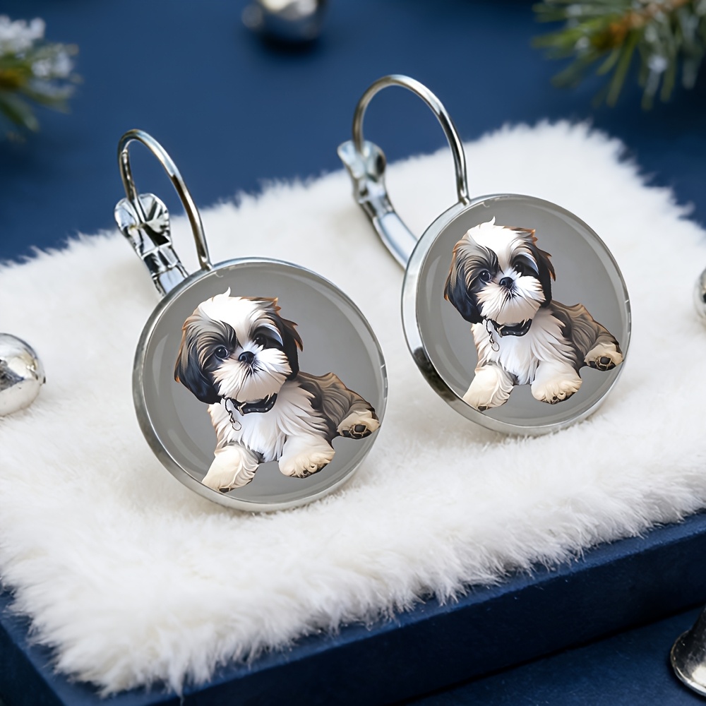 TEMU Fluffy Black And White Puppy French Earrings, Alloy Material, Glass Inlaid, Women's Fashion Gifts, Exquisite Earrings Suitable For Daily Wear