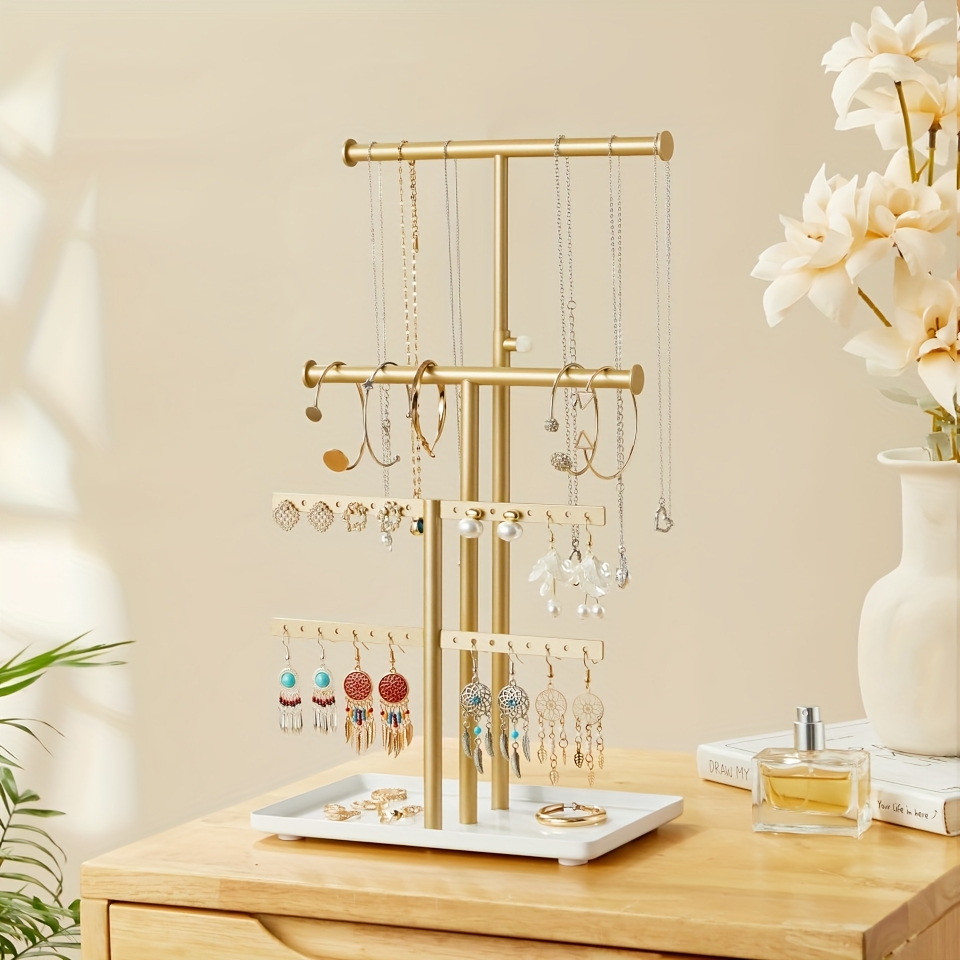27.94cm Golden Jewelry Stand Organizer - Sturdy Metal   with Multiple Hooks for Necklaces, Earrings, Bracelets | Elegant Desktop Display Tower, Perfect Gift for Women & | Spring Holiday Decor,  