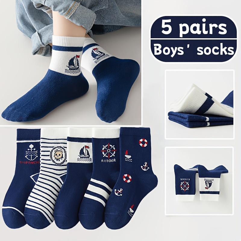 

Boys' 5-pack Nautical-themed Mid-calf Crew Footwear, Polyester Knit Fabric, Cartoon Pattern, Hand Wash Only, Versatile For All Seasons, Ages 12 & Under