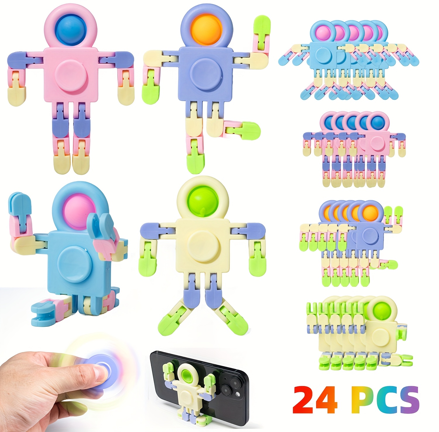 24-Pack Transformable Astronaut Fidget Spinners - Multi-Colored Plastic Pop Fidget Toy Keychains for Kids, Stress Relief Hand Spinners, Classroom Rewards, Birthday & Party Gifts