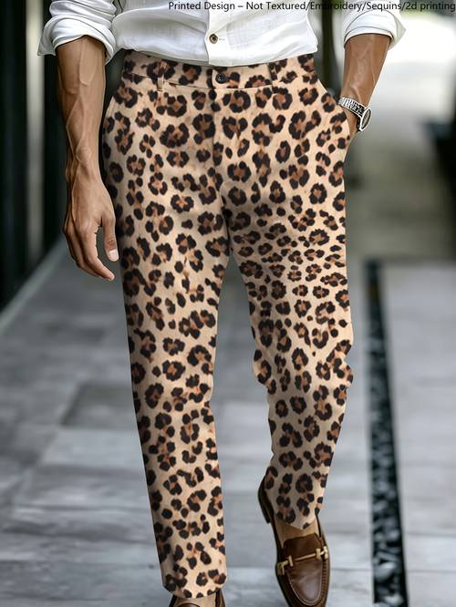imagen del artículo pantalones de traje para hombre , estampado digital, estilo regular , pantalones de traje de moda, estampado de leopardo beige para hombre con cinta , pantalones de hombre modernos casuales de corte entallado, pantalones de traje profesionales para viajes de negocios