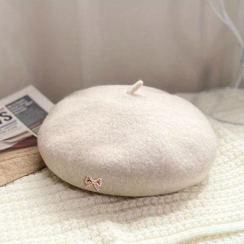 Image of Women' Color Cashmere Beret, Pumpkin Hat, Woolen Painter Hat, Metal Rhinestone Bow Decoration, Adjustable Head