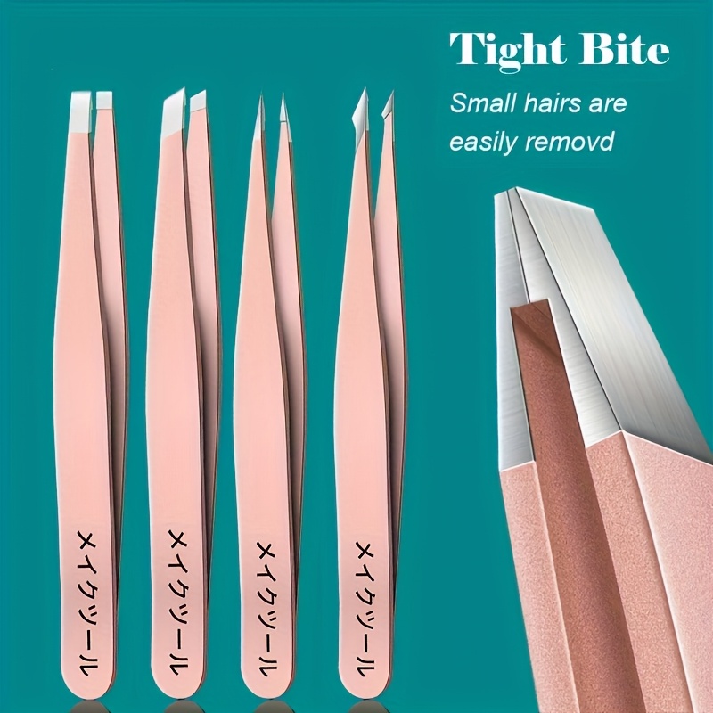 4pcs Precision Stainless Steel Tweezers For Eyebrow Hair Facial Hair Removal, , Blackhead Slant Tip Angle Tip Pointed Tip