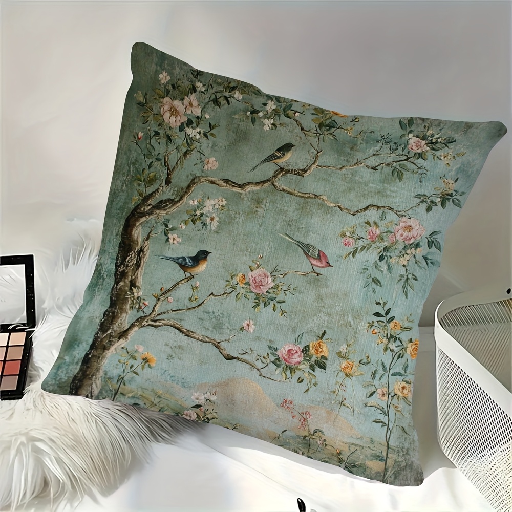 1 double sided vintage chinese floral and bird print pillowcase 18x18 inches soft plush polyester   design with roses on branches and birds suitable for sofa couch bedroom or car decorative cushion cover 2pcs 18 18 inch Product details 6