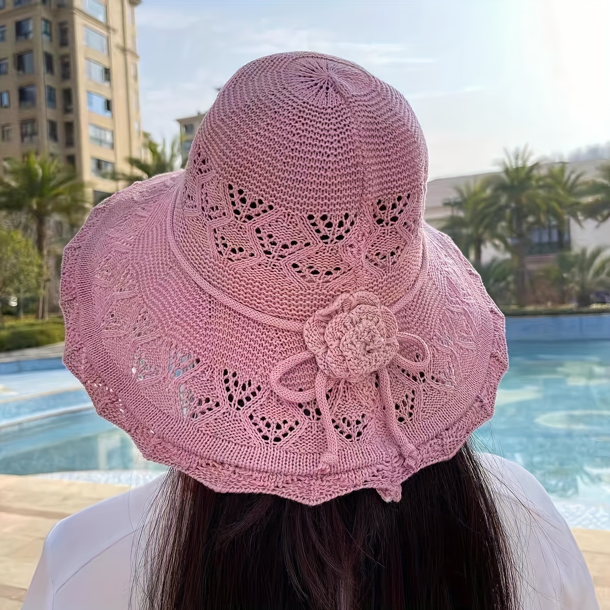 Flower Decor Sun Hat Solid Color Breathable Knitted Hats - Temu