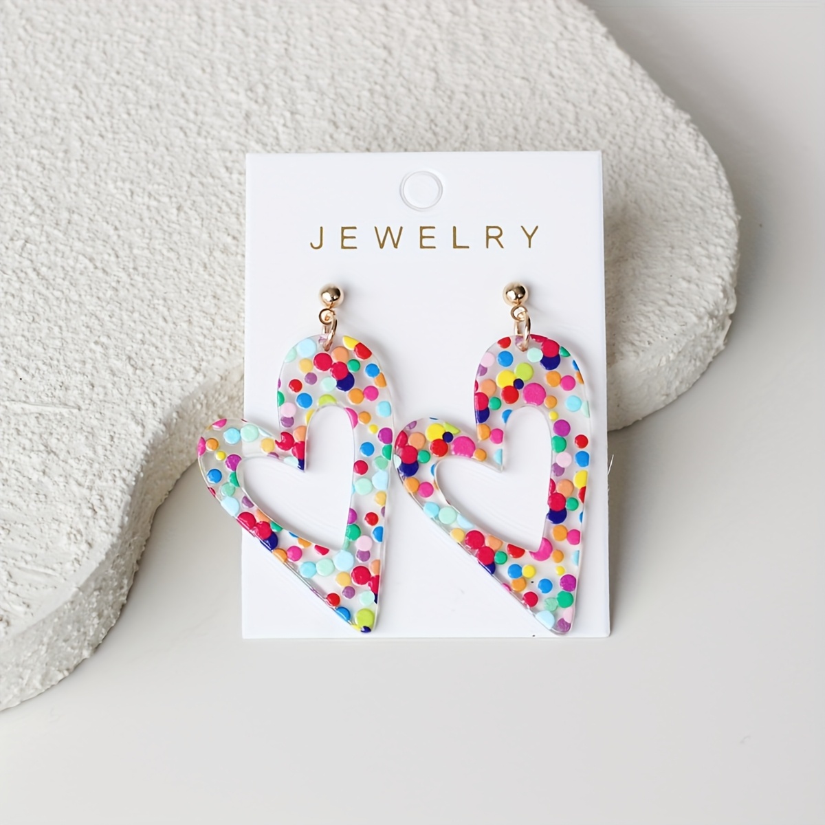Image of 1 Pair -shaped Acrylic Earrings With Multicolor Polka Dots - , Green, Yellow, Orange, Purple, Red, Golden, Clear - Valentine's
