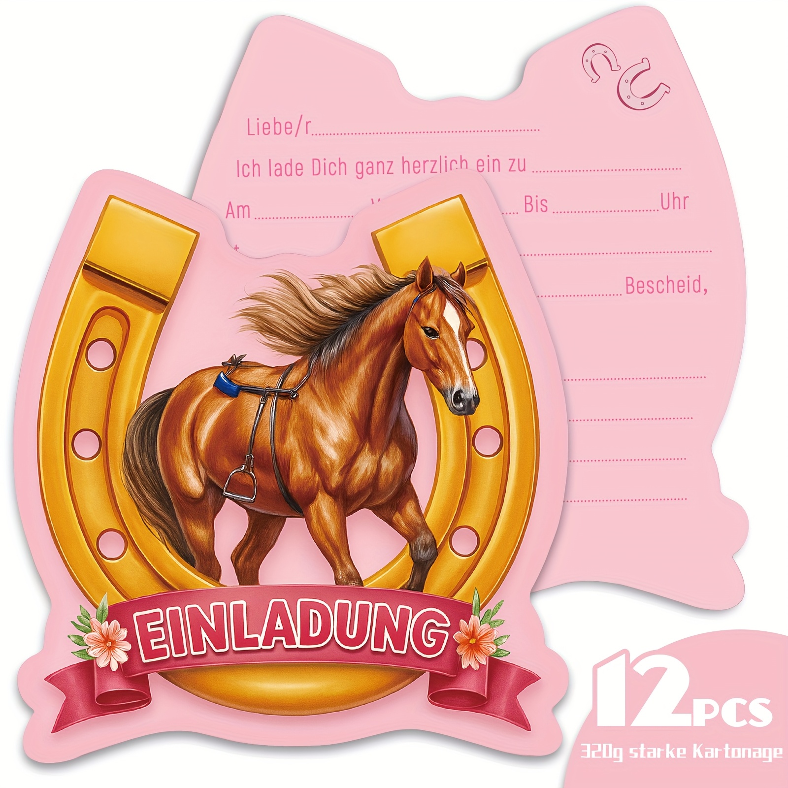 Image of 12pcs Of Pink Flower Horseshoe Themed Invitation Cards For Birthday Parties, Gatherings, Anniversary Celebrations, Back-to-school Invitations, And Themed Party Invites (14.4x13.5cm