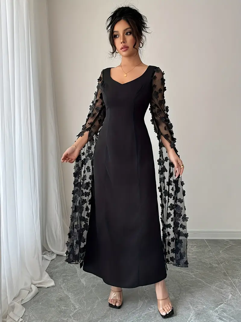 black maxi summer dress with sleeves Black Half Sleeves V Neck Summer Maxi Dress