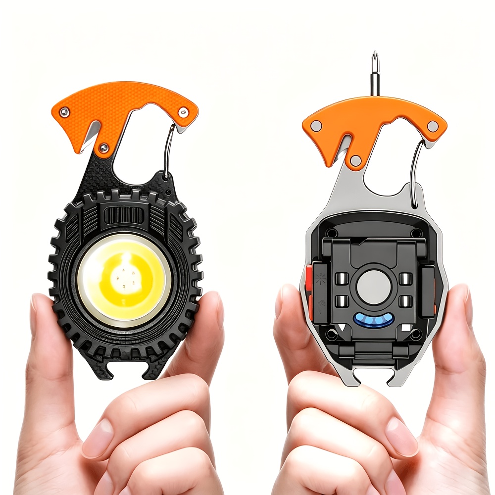 TEMU Multifunctional Portable Led Keychain Work Light Flashlight, And Large Capacity, 7 Lighting , Battery Display, Magnet, Clip, Bottle Opener,