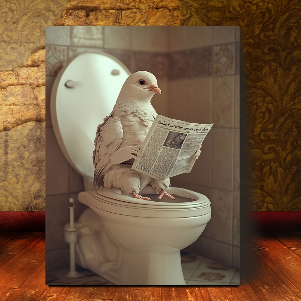 

Room Decor 1pc, Rustic Wooden Frame Canvas Wall Art, 11.8x15.7 Inches, " On Toilet With Newspaper" Print, Bathroom & Home Decor, Unique Holiday Gift Idea