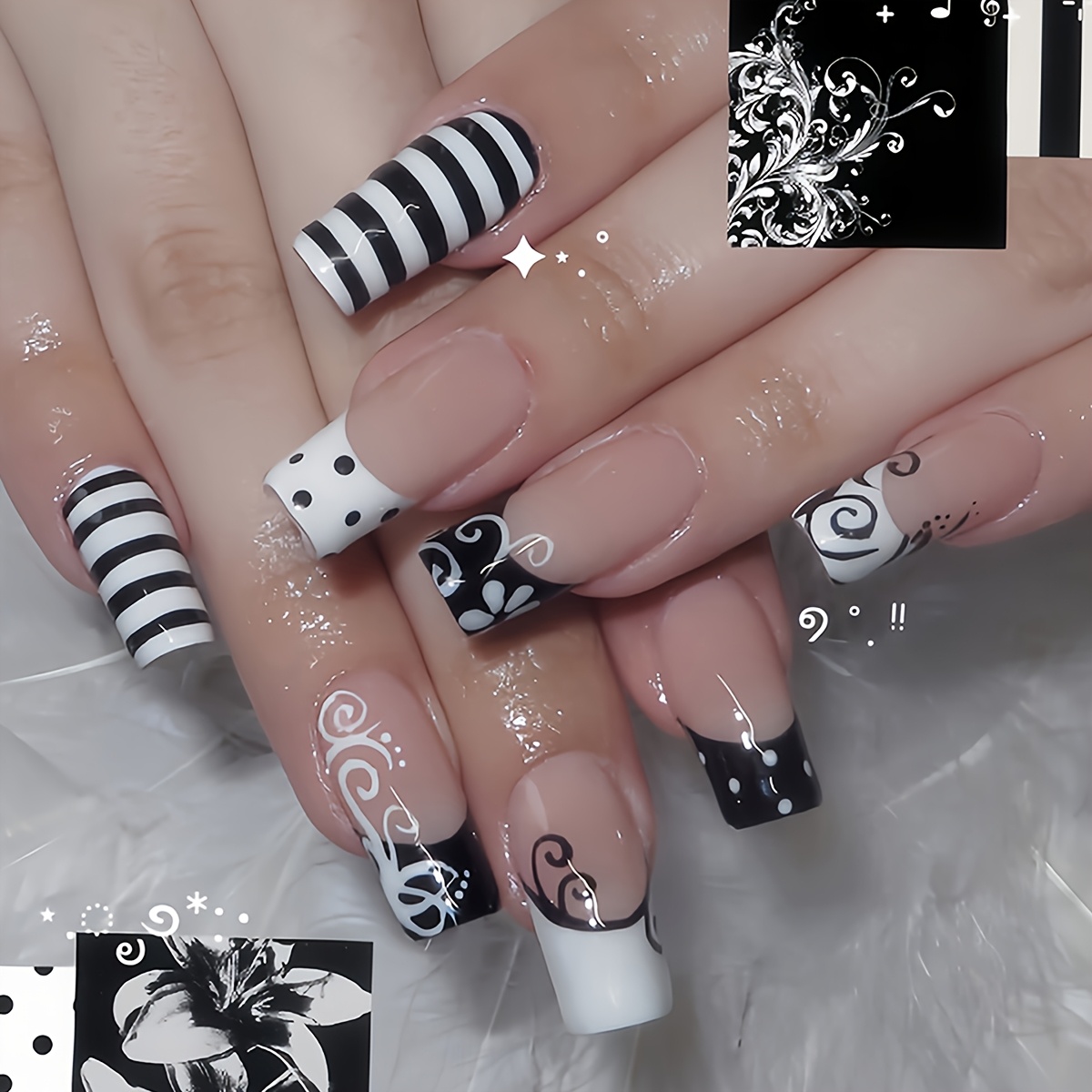 TEMU 24pcs Summer -and-white Striped Hand-painted Vine Pattern Acrylic Press-on Nails Perfect For Daily , Dates, And Photo Ops. Out Your Style And