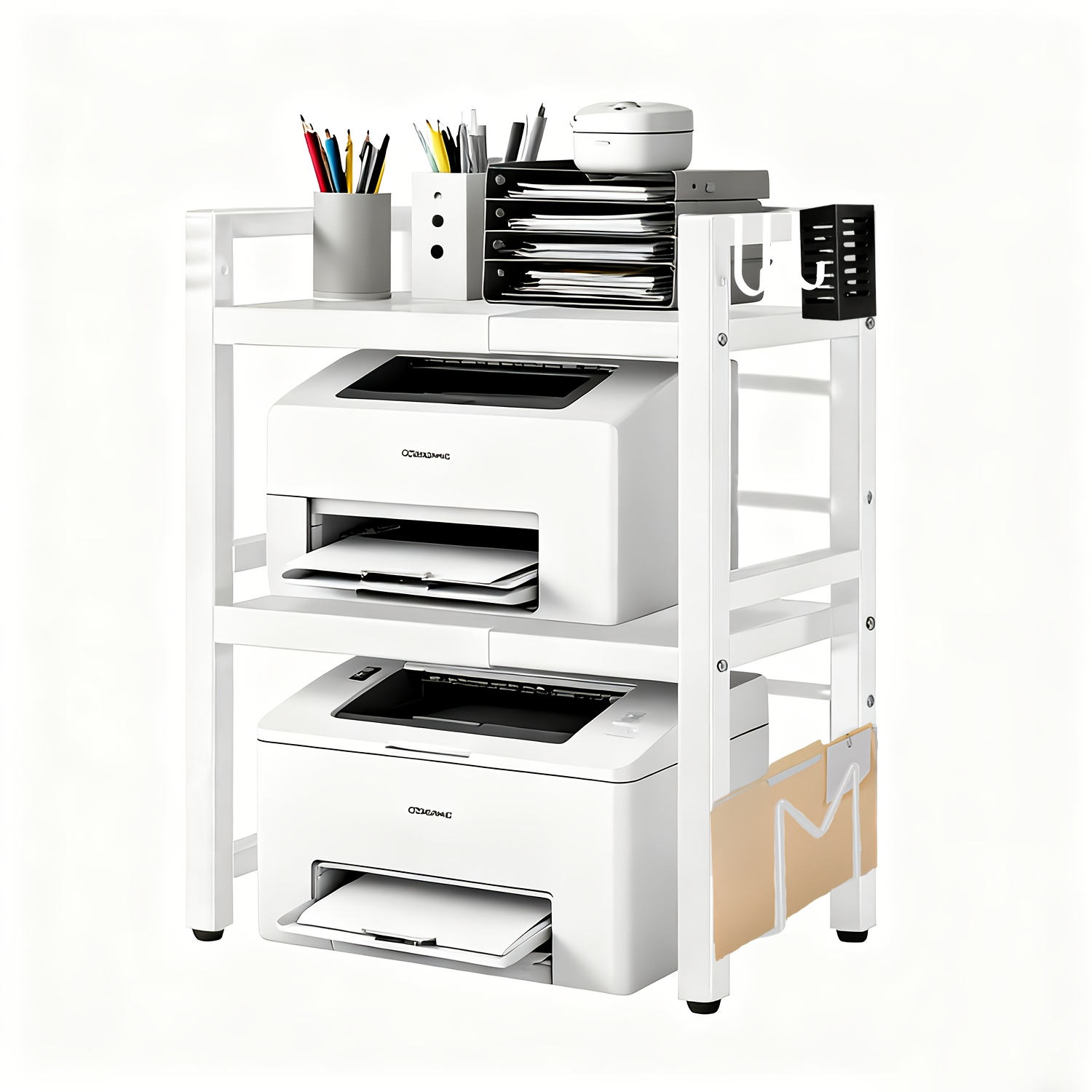 Image of 2/3-tier Printer Stand - With 3 Hooks, Cutting Board Holder And Pen Holder, Expandable Design, Suitable For Home And Office, Can Hold Copiers And Scanners (black, White)