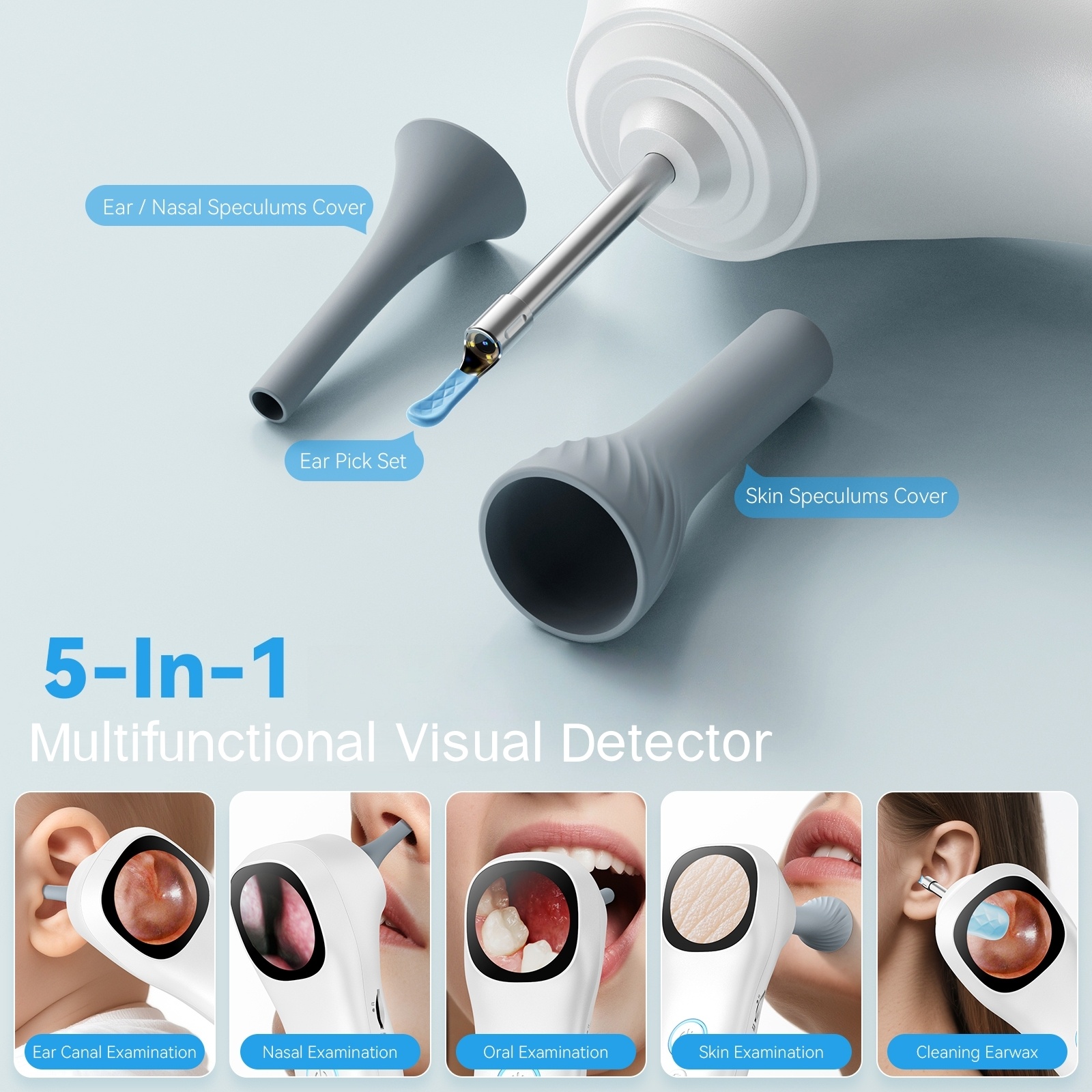 5 in 1 intelligent ear canal inspection   display and in ear camera 3 types of attachments ear nose throat skin usb rechargeable suitable for adults and pets   with 18 replaceable protective covers Product details 4